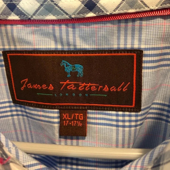 James Tattersall Mens XL 17/17.5 Blue White Pink Check Print Button up Shirt L/S - Picture 4 of 5